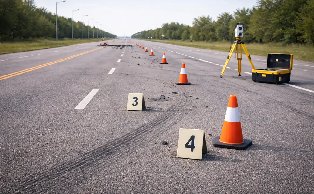 Accident reconstruction expert analyzing a car crash scene to determine how the accident happened